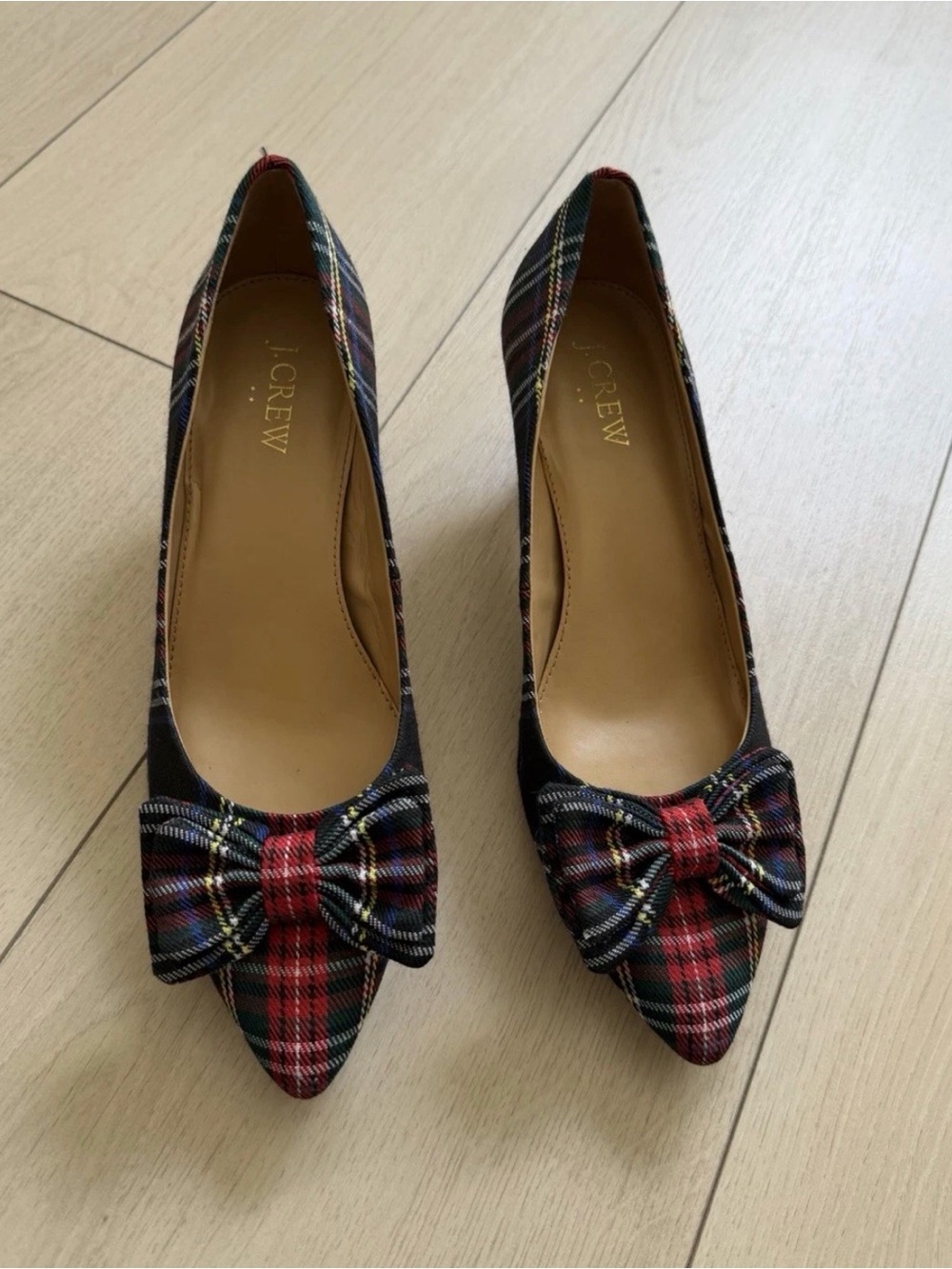 J. Crew Plaid Pointed-Toe Heels with Bow - Red, Green, Navy